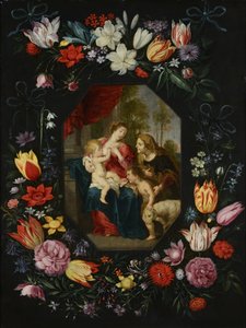 Maagd en Kind met Sint Elizabeth en Sint Jan de Doper in een bloemenkrans